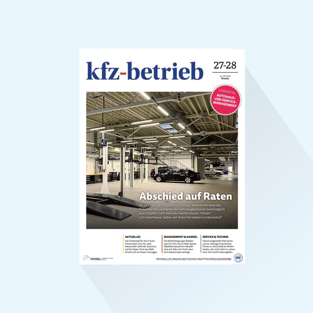 kfz-betrieb 版期 27/28-24，出版日期：2024 年 7 月 12 日（未来交通概念/车间设备）。